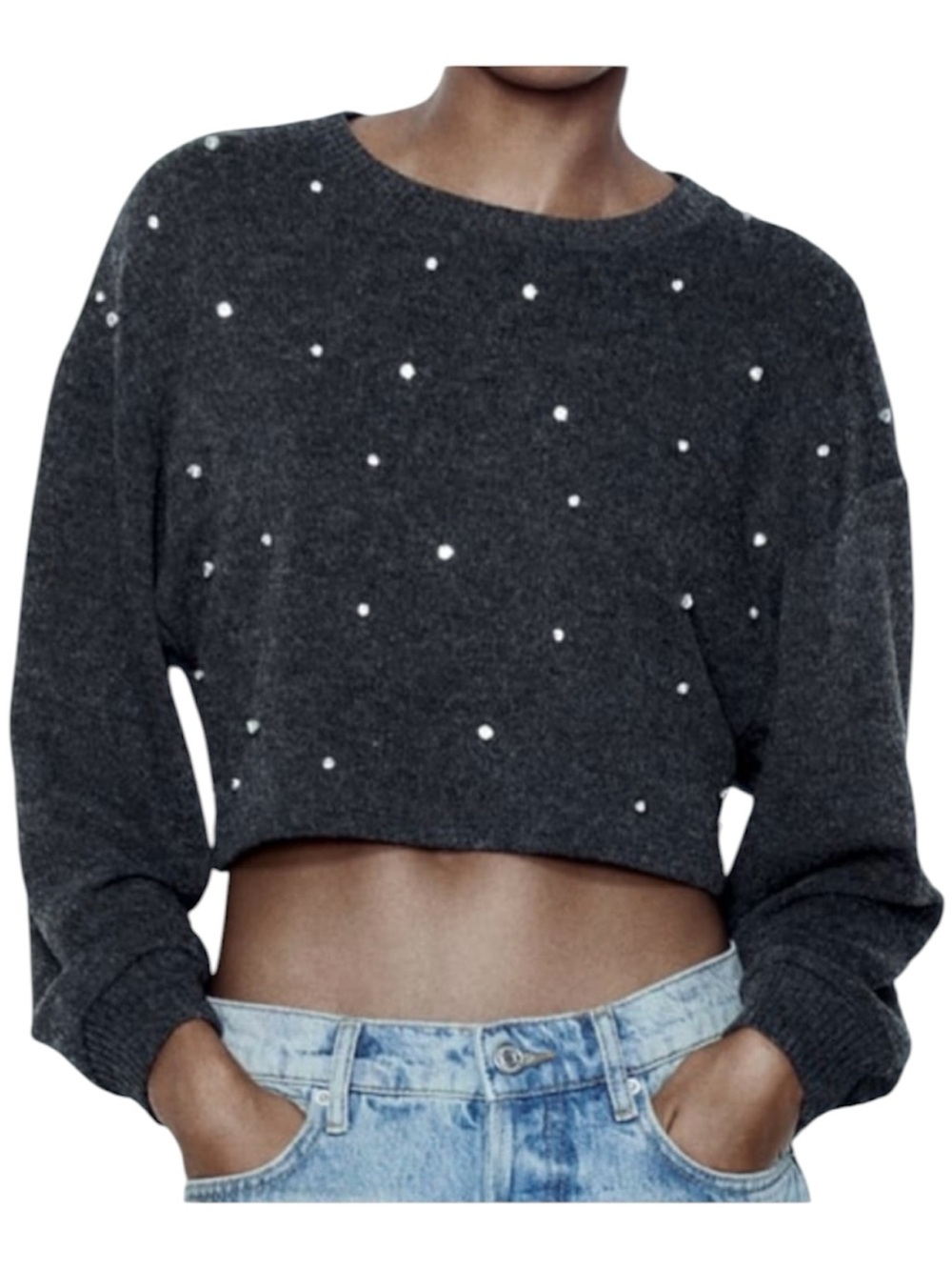 Zara Charcoal Gray Rhinestone Cropped Sweatshirt Pullover Size L